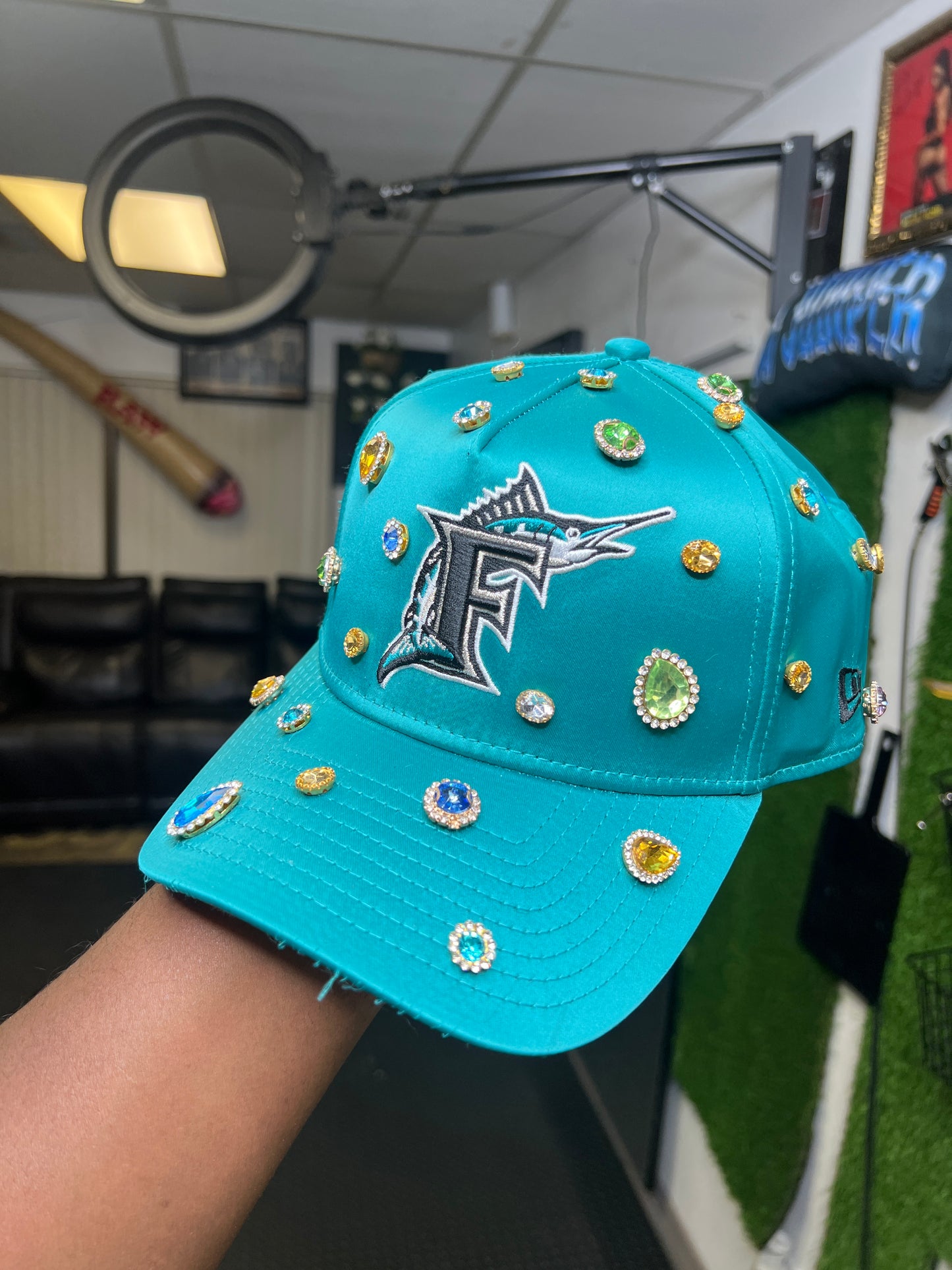 Custom satin Turquoise F hat