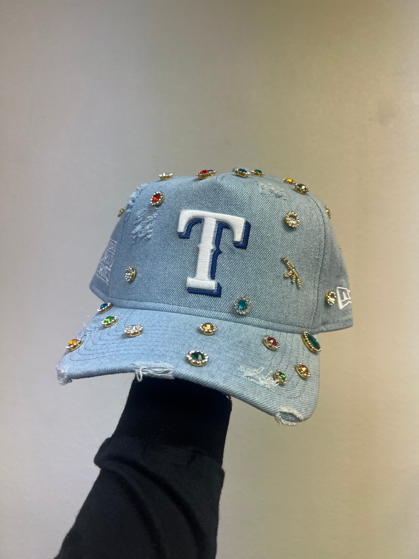 Custom blue distressed denim Rangers